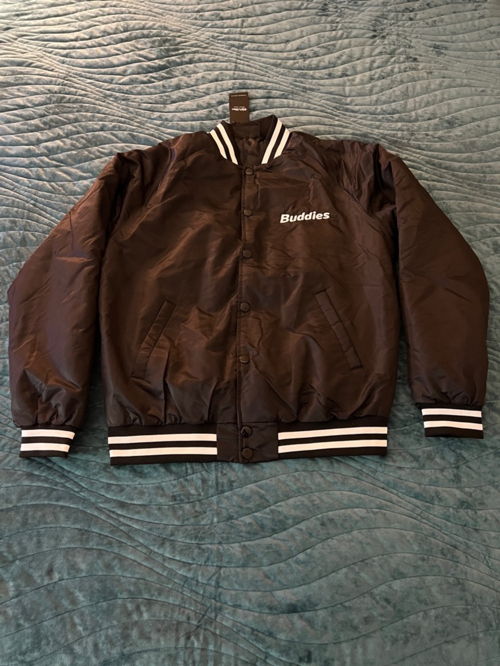 Men's Black Varsity Bomber Jacket size medium black w white stripes NWT